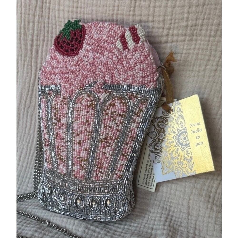 Hand Beaded Pink Novelty Dessert Shoulder Bag with Silver Chain Strap from India